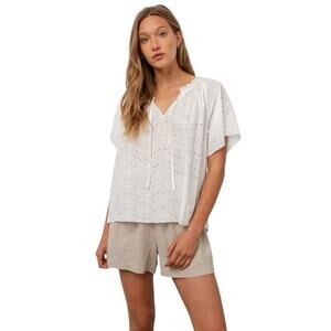Rails Marisol Embroidered Eyelet Top Size M White Tie Neck Blouse Short Sleeve